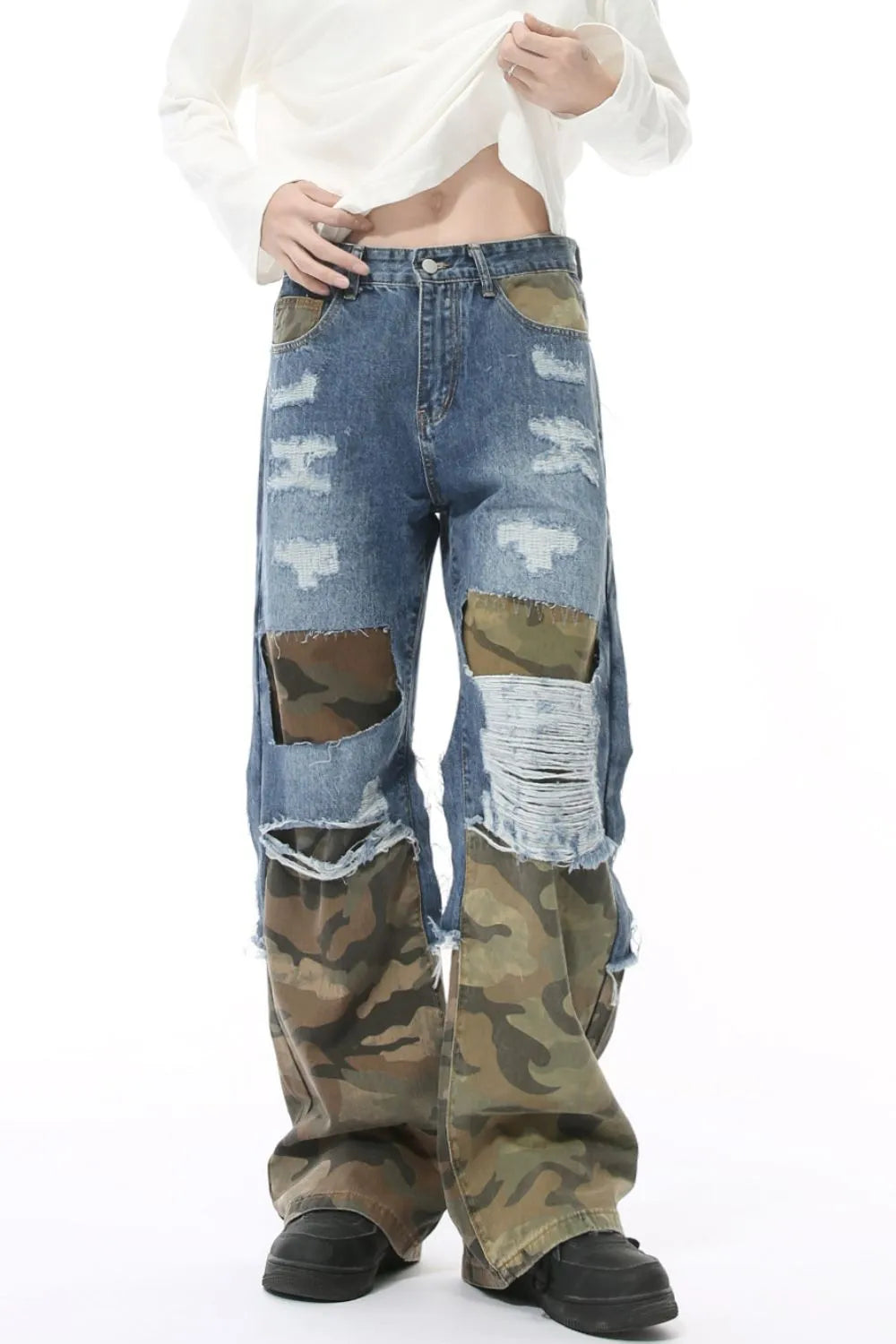 Distressed Camouflage Patchwork Jeans - Premium Japanese Denim