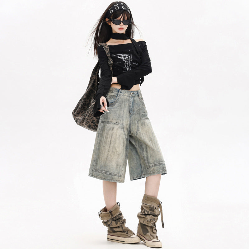 Retro Street Style Denim Capri Pants for Women - Loose High Waist Straight Leg Trousers