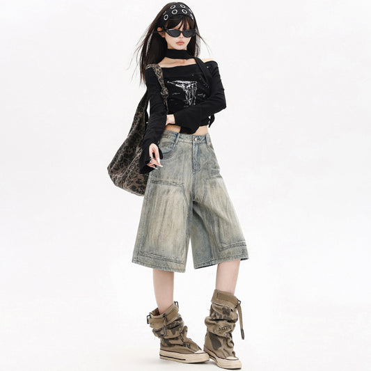 Retro Street Style Denim Capri Pants for Women - Loose High Waist Straight Leg Trousers