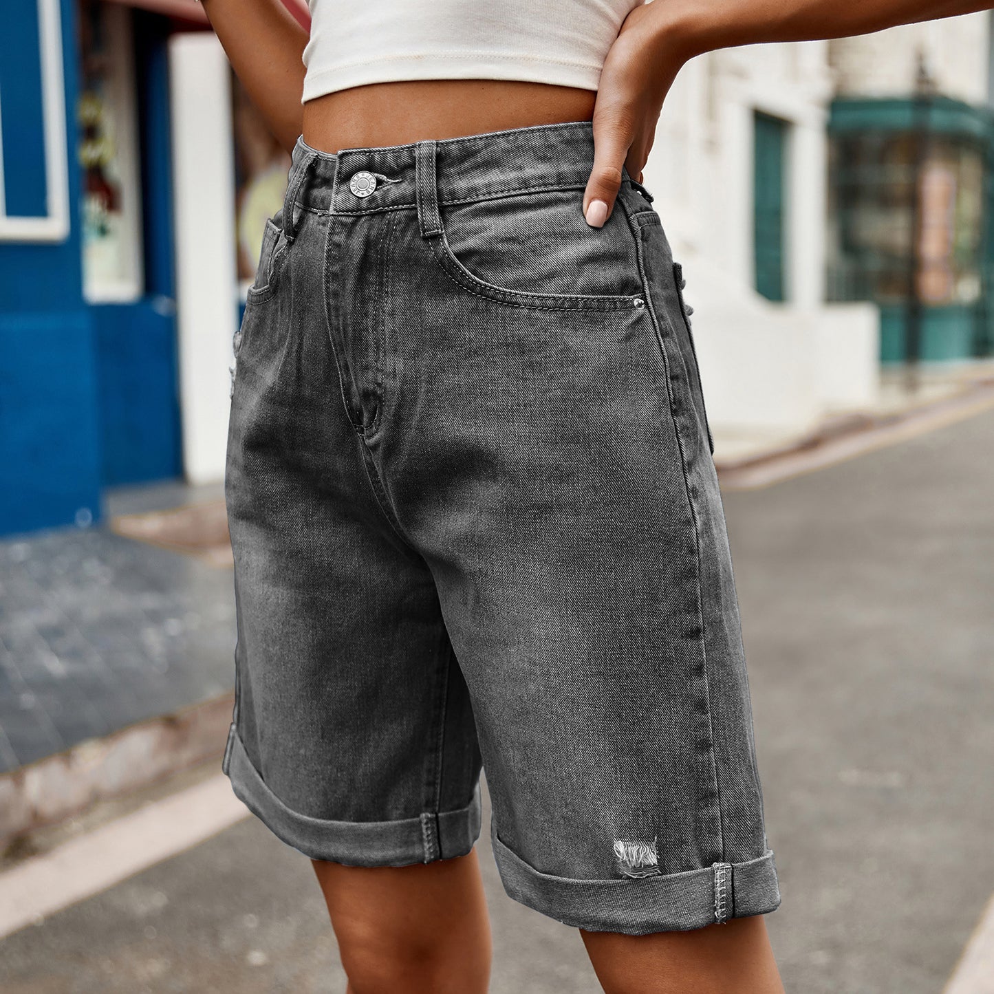 European and American Women's Perforated Rolled Edge Denim Shorts