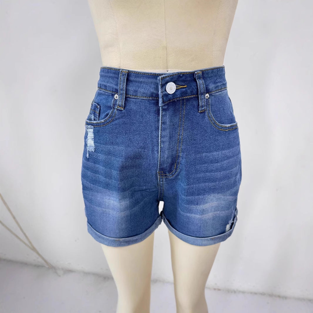 Elastic Straight Tube Worn-Out Rolled Edge Denim Shorts