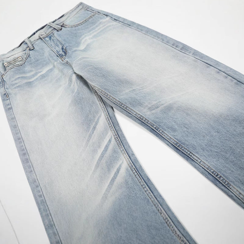 Distressed Washed Straight Leg Denim Jeans for Men