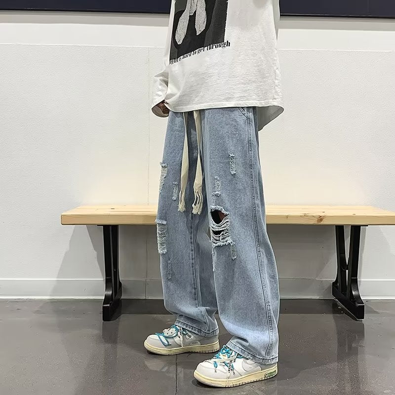 Men's Ripped Summer Jeans - Thin Fit Loose Straight Wide Leg