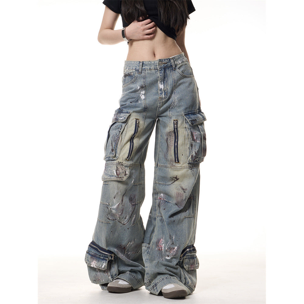 Retro Graffiti Multi Pocket Wide Leg Jeans