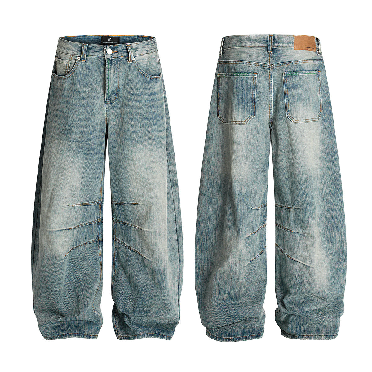 Curved Knife Retro Washed Cowboy Wide Leg Long Pants for Men and Women