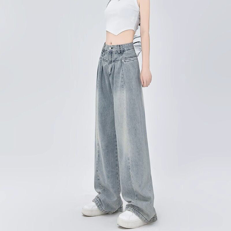 Neutral Trendy Straight Wide-Leg Jeans for Women - Spring Loose Slimming Floor-Length Denim Pants