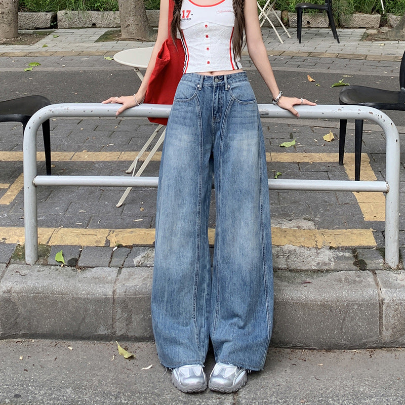 Women's Wide-Leg Floor-Length Denim Pants - Retro Blue
