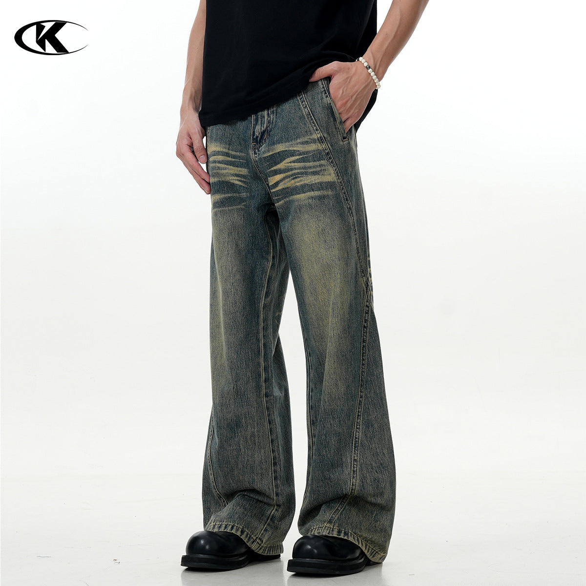 Blue Flared Jeans with Deconstructed Design - Faded Trendy Slim Straight Casual Long Pants