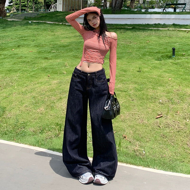 Original Color Denim Pants for Women - Loose High Waist Slimming Versatile Wide Leg Floor-Length Pants