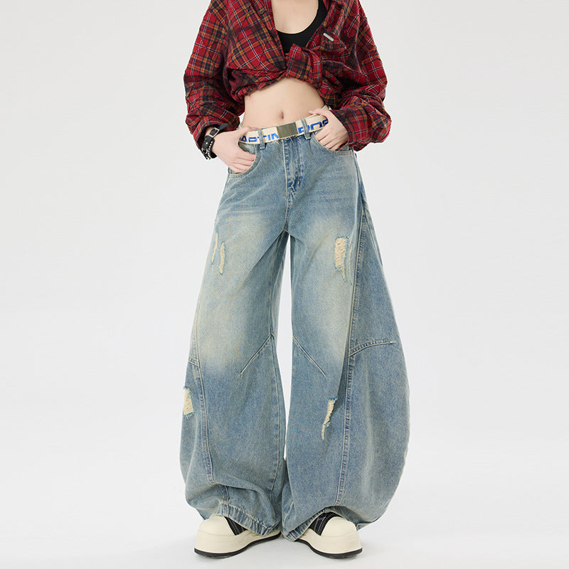 Retro Distressed Slash Jeans for Women - Casual Wide Leg Denim Pants