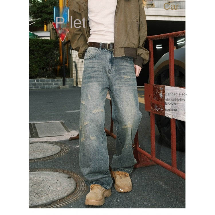 Semi Elastic Waist Denim Straight Leg Loose Casual Pants