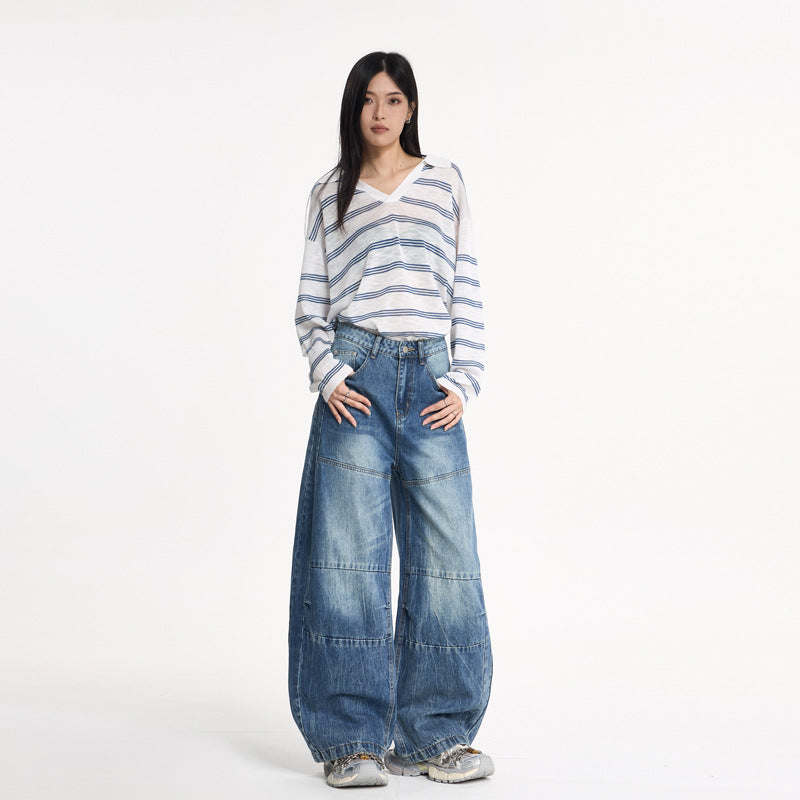 Washed Cracked Knife-Edge Denim Pants for Women - Loose Casual Wide-Leg Design