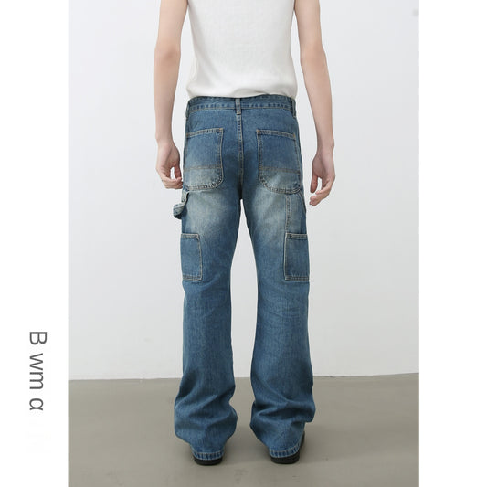 American Vintage Lumberjack Denim Trousers for Men | Water-Washed Distressed Loose Straight Leg Pants