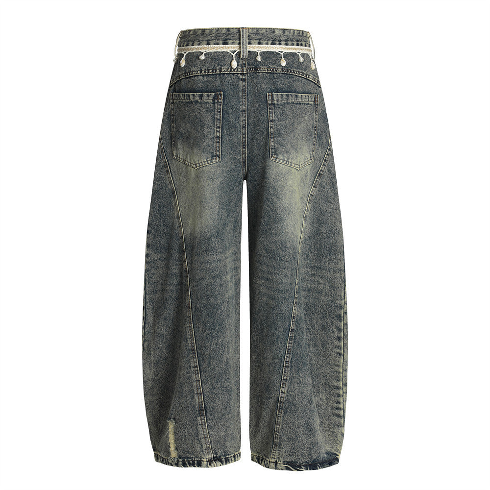 Punk Retro Washed Distressed Denim Wide-Leg Pants - Men's Trendy Loose Fit Flared Trousers