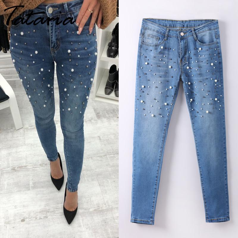 Denim Women Skinny Jeans with Pearls - Slim Fit Mid Waist Pencil Jeans