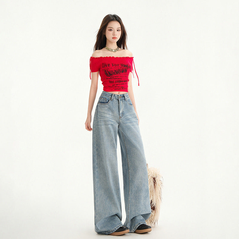 Women's Wide Leg Jeans - Loose Drape Washed Straight Leg Floor Length Pants