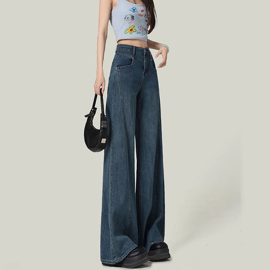 Retro Unique Wide-Leg Jeans for Women - Spring Autumn Spliced Straight Denim Pants