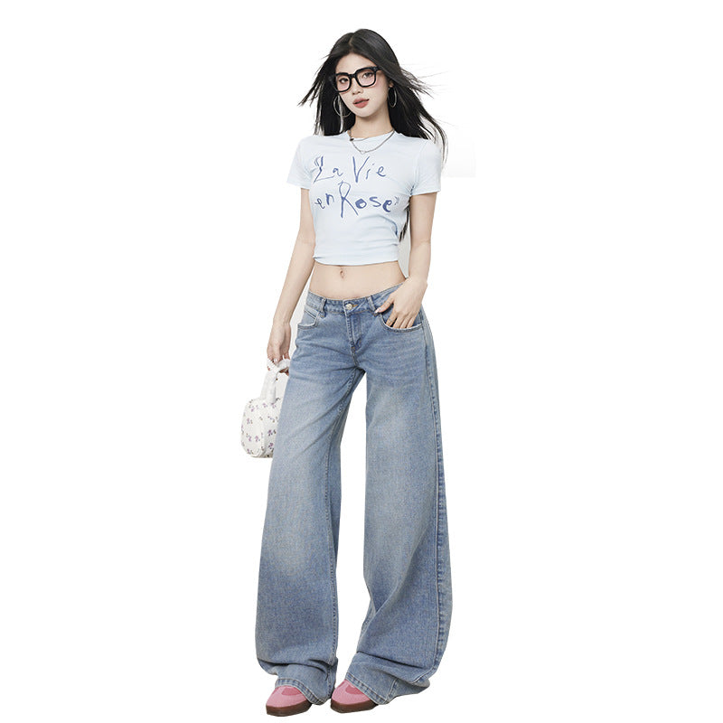 Women's Low-Waist Elastic Pattern Straight Jeans - Summer Light Color Wide-Leg Pants