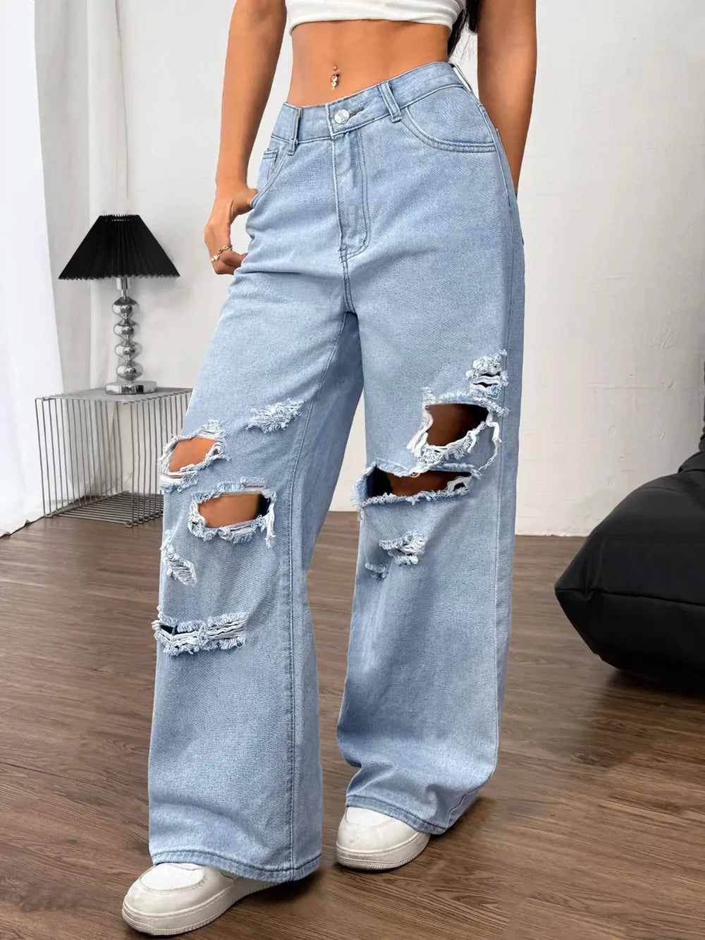 Distressed Wide Leg Jeans with Pockets - Premium Japanese Denim