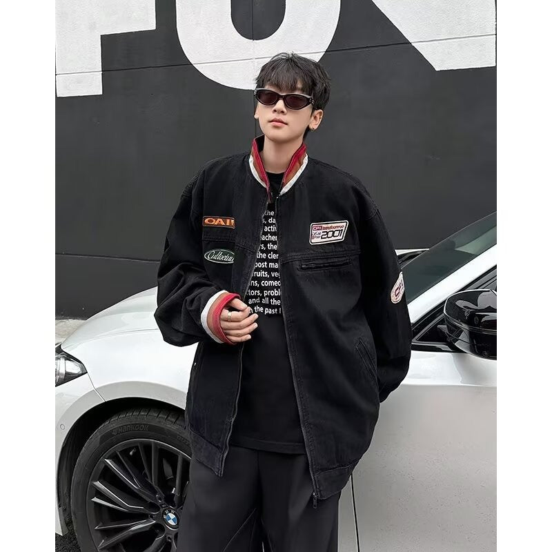 Vintage Stand Up Collar Couple Denim Jacket for Men