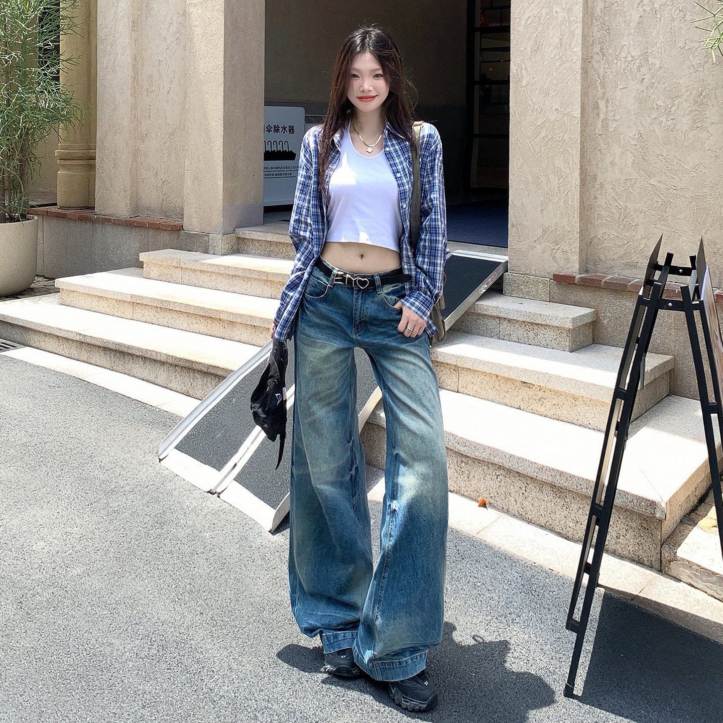 Retro Washed Denim Pants for Women - Loose Fit High Waist Anti-Wrinkle Slim Wide Leg Long Pants