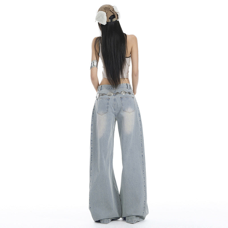 Women's Washed High Waist Wide Leg Jeans Slim Draping Floor-Length Pants