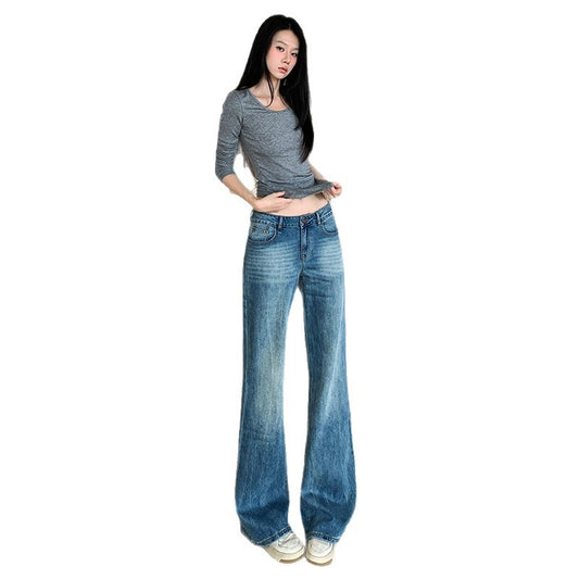 Flared Denim Pants for Women - Low Waist Slim Fit Washed Versatile Elastic Slightly Flared Trousers