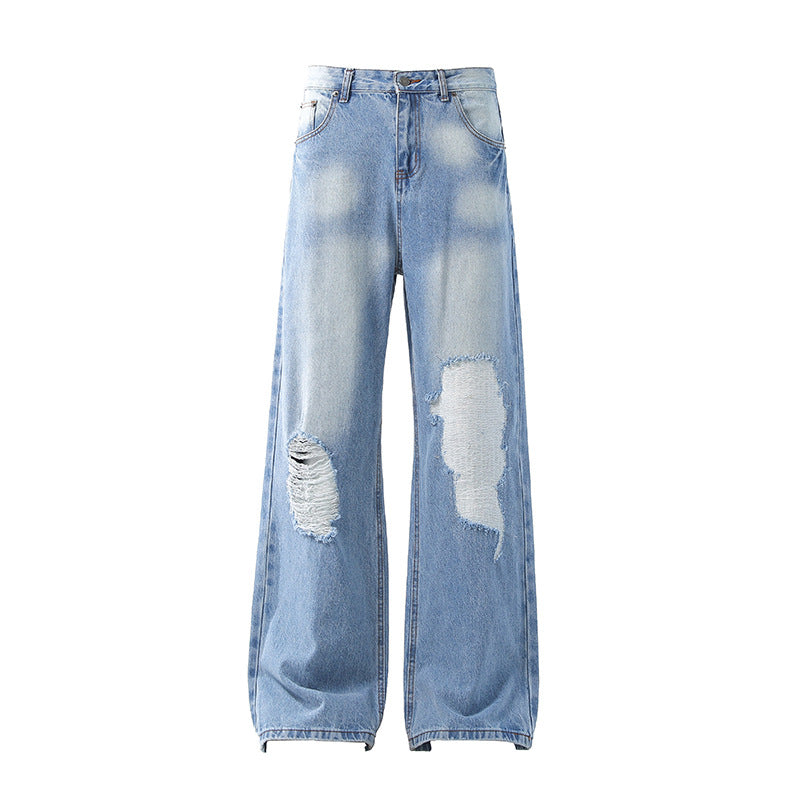Retro Washed Light Blue Ripped Jeans for Men and Women
