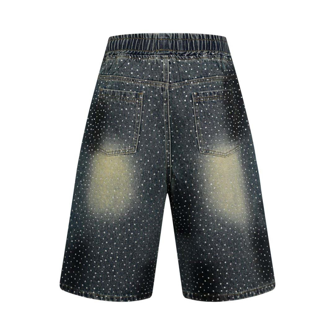 Washed Vintage Graffiti Rhinestone Denim Shorts for Men - Loose Fit Wide Leg Pants