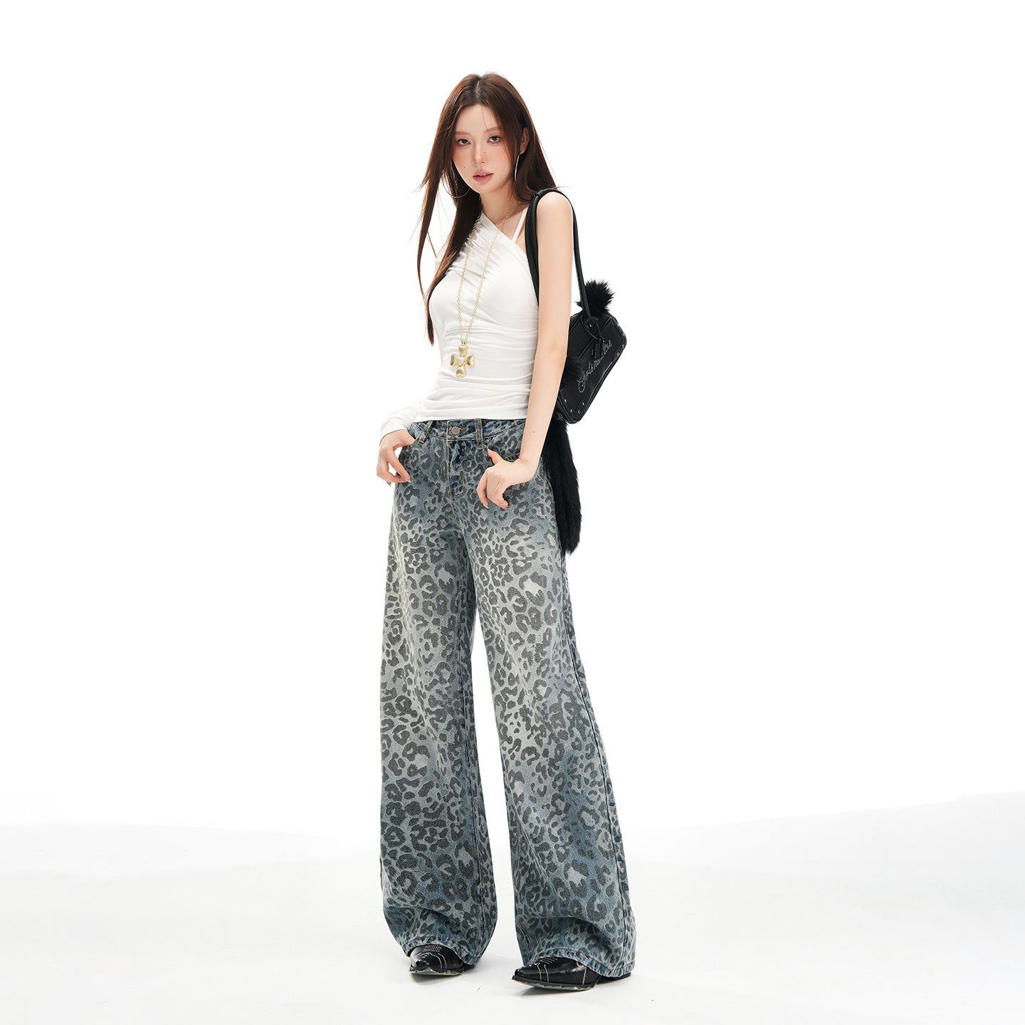 Women's Leopard Print Wide Leg Jeans - Casual Loose Fit Trousers