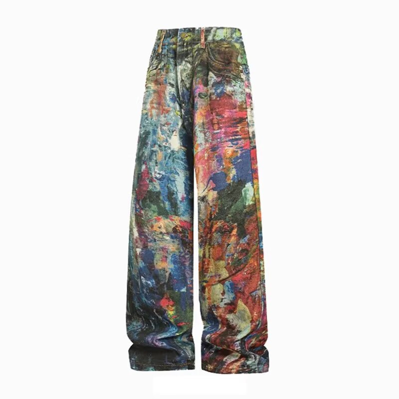 Washed Ink Splashed Oil Painting Color Palette Denim Pants