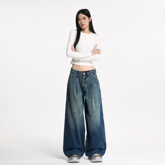 Pleated Wide-Leg Loose Denim Pants - Unisex Designer Style
