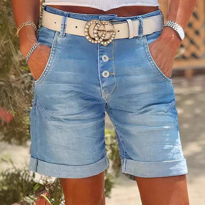 High-Waisted Elastic Women's Denim Slim Fit Casual Versatile Straight Leg Cuffed Denim Shorts