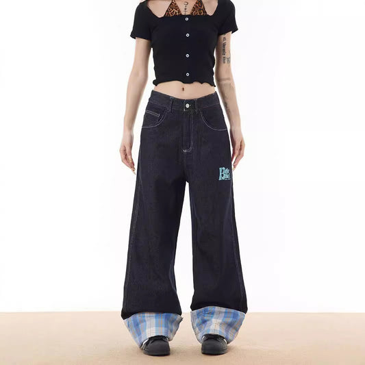 Checkered Patchwork Rolled Edge Jeans - Premium Japanese Denim