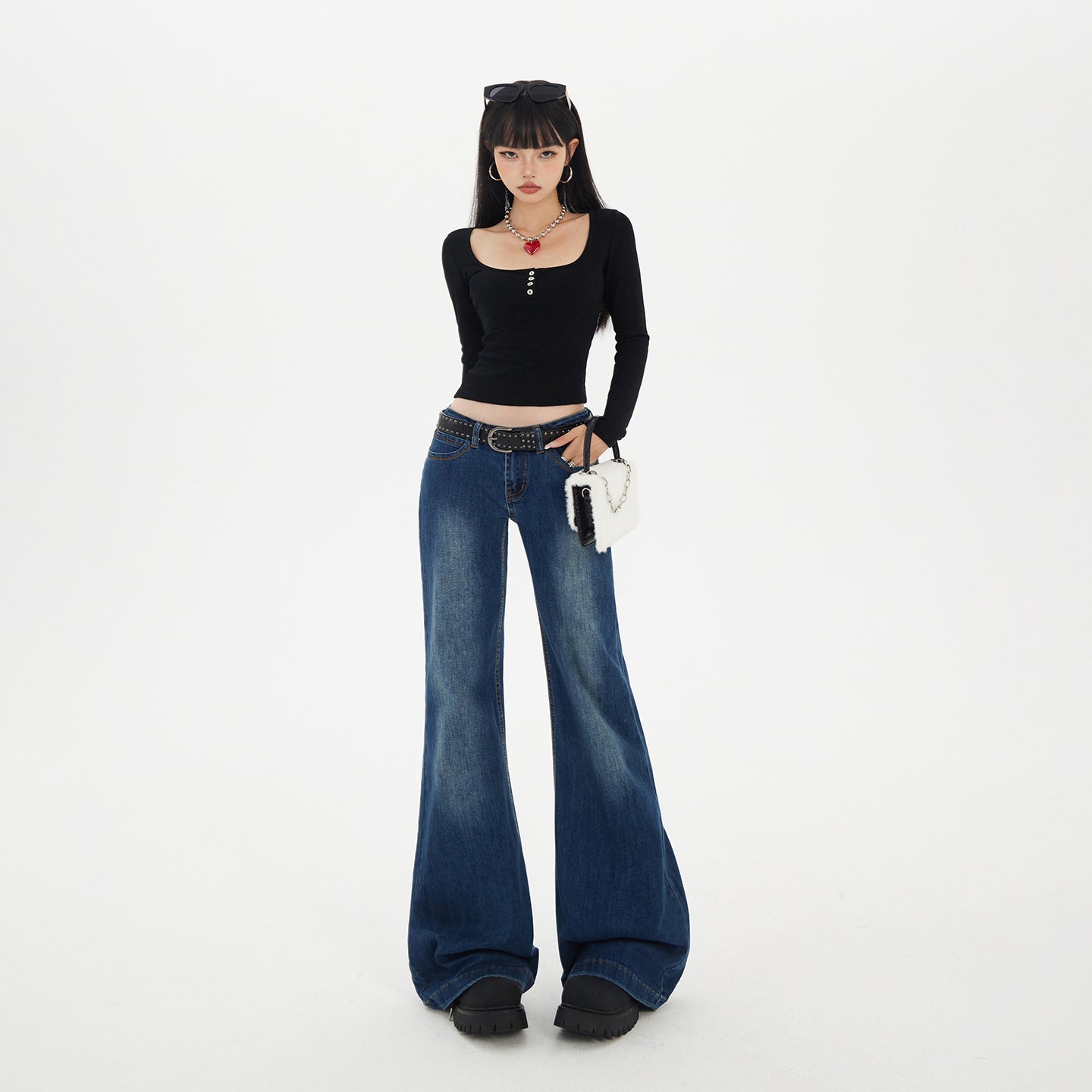 Blue Low-Waist Flared Jeans for Women - Casual Versatile Hanging Flared Pants