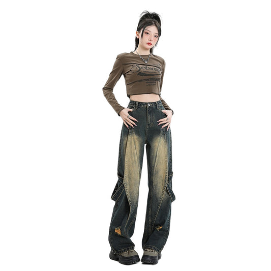 Women's High Waist Loose Fit Denim Pants - Wide Leg Style