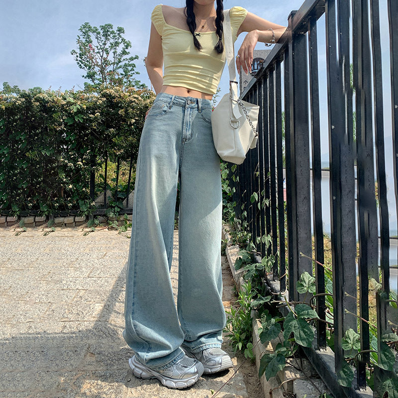 Women's Light Blue High Waist Wide-Leg Jeans – Versatile Summer Pants