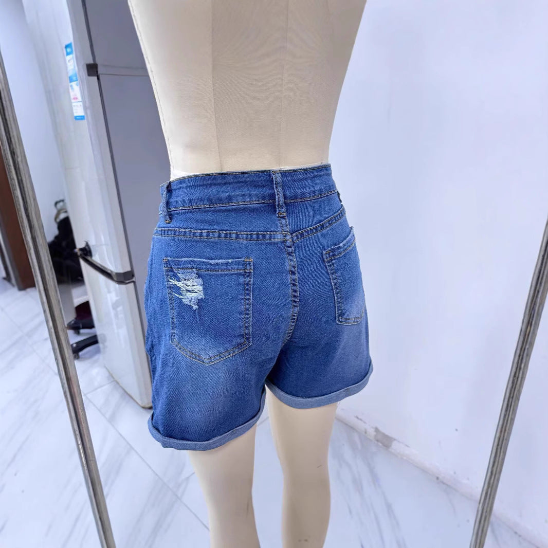 Elastic Straight Tube Worn-Out Rolled Edge Denim Shorts