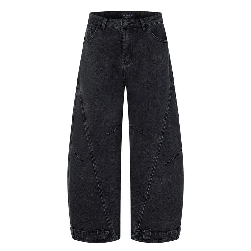 Retro Washed Deconstructed Knife-Edge Denim Pants - Unisex Black Wide Leg Pants