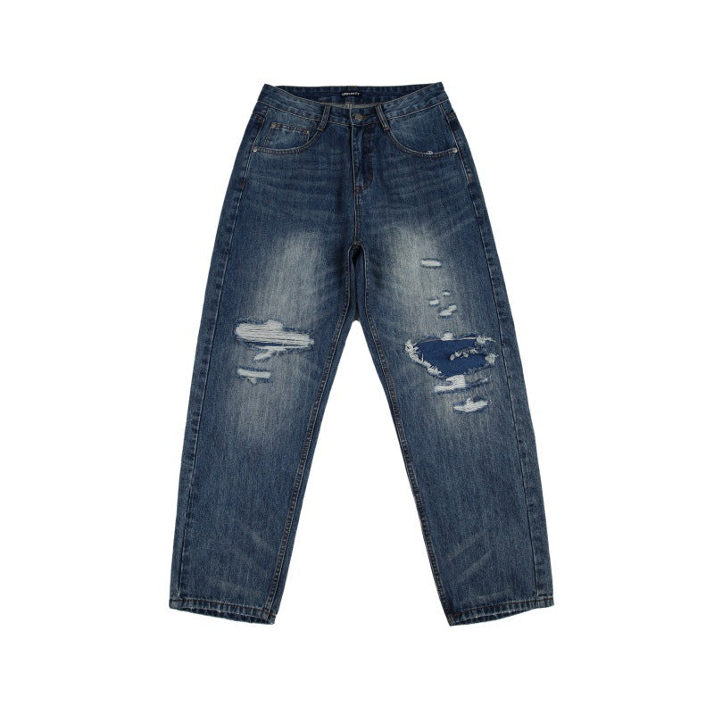 Washed Patch Micro Tapered Small Straight Leg Denim Pants