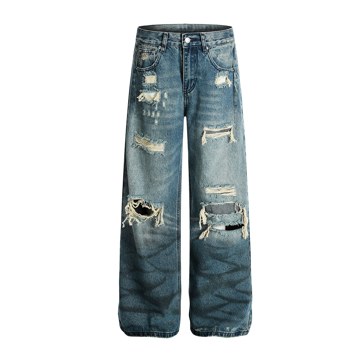 Wash Damaged Denim Loose Wide Leg Pants