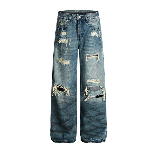 Wash Damaged Denim Loose Wide Leg Pants