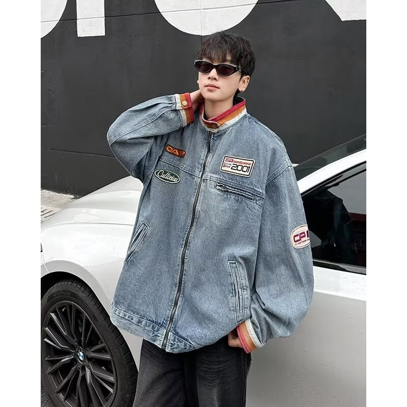 Vintage Stand Up Collar Couple Denim Jacket for Men