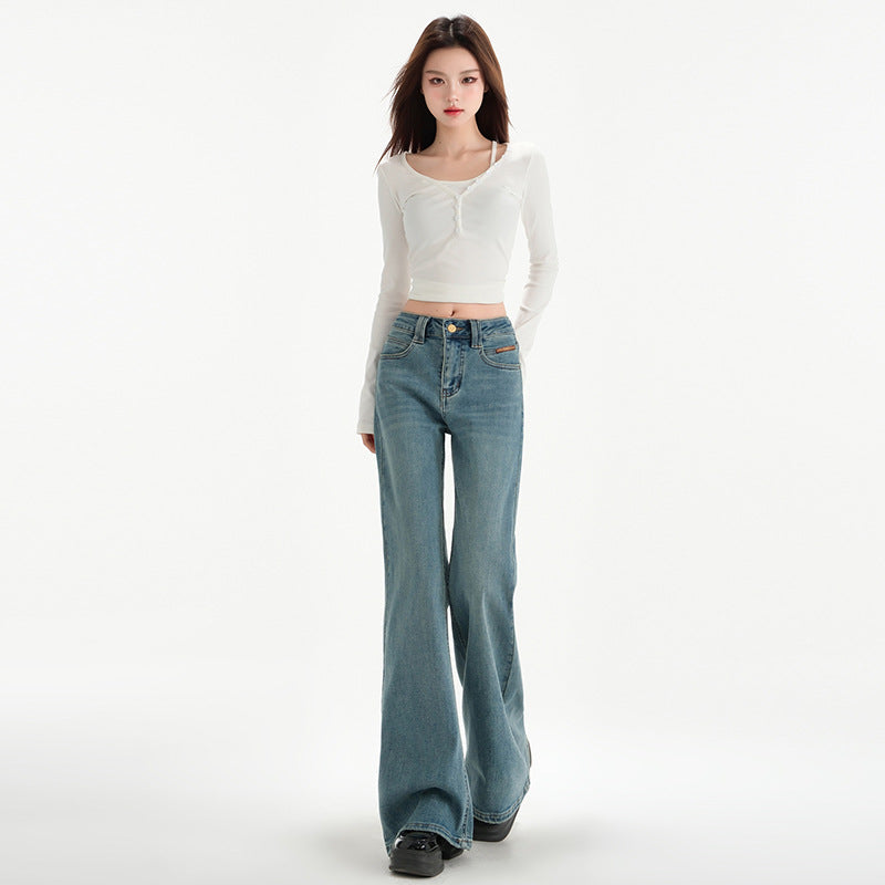 Retro Blue Non-tight Micro-flare Denim Pants for Women - Slimming Elegant Horseshoe Trousers