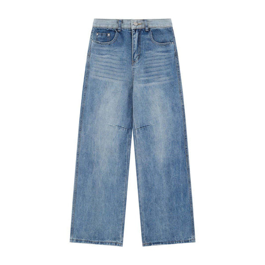 High Street Washed Vintage Color-Blocked Denim Pants - Unisex Loose Wide-Leg Straight Trousers