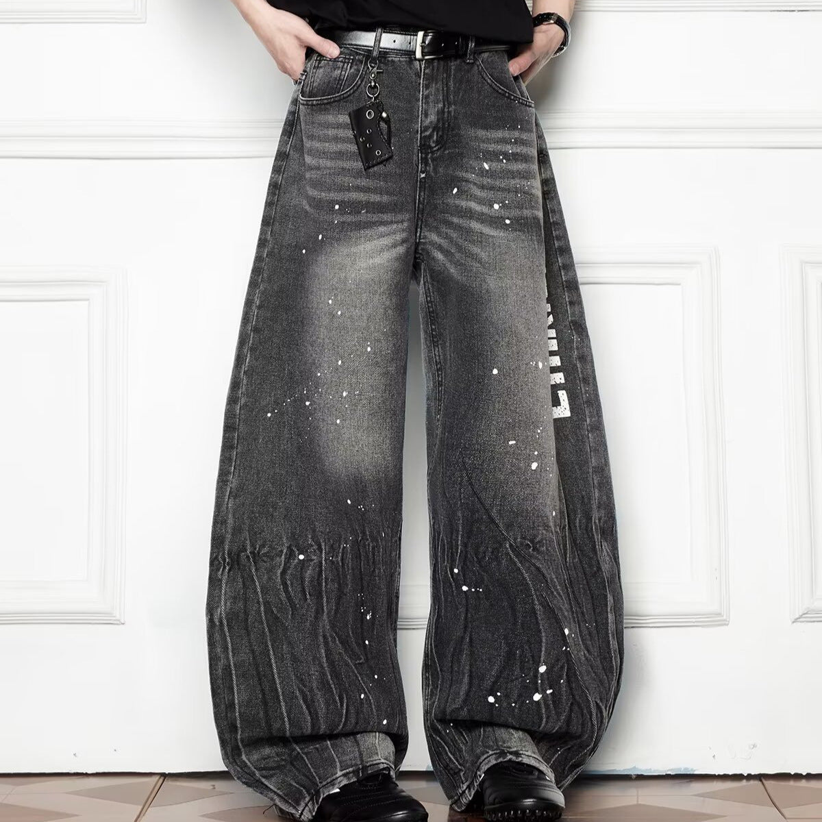 Splash Ink Wash Wide Leg Denim Loose Casual Curved Knife Pants