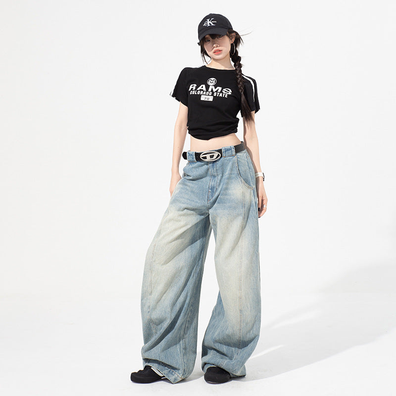 Retro Loose Scythe Denim Pants for Women - High Waist Wide Leg Trousers