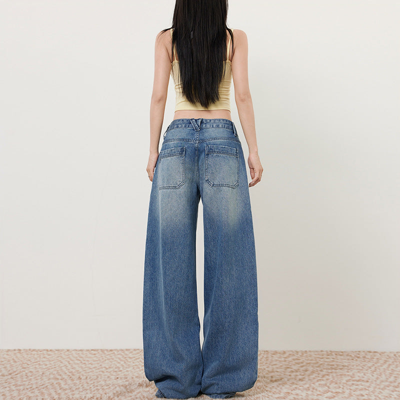 Retro Washed Blue Wide-Leg Jeans for Women - Loose Slimming Low-Waist Straight Leg Trousers