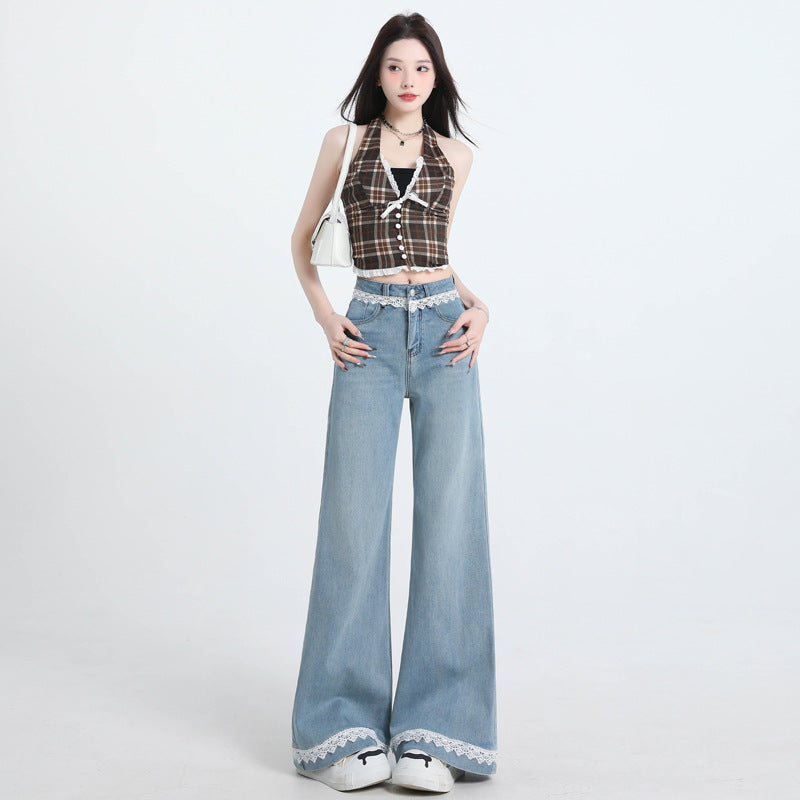 Lace Trim Wide Leg Jeans for Women - Slimming Flared Pants