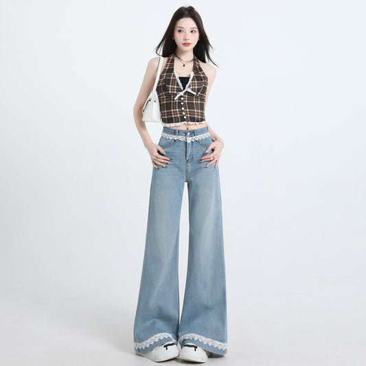 Lace Trim Wide Leg Jeans for Women - Slimming Flared Pants